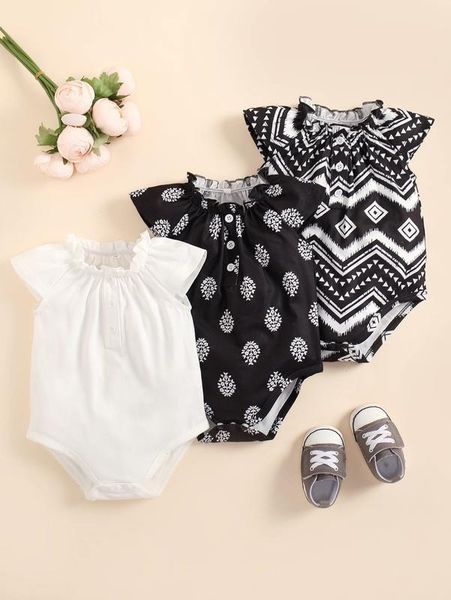 

baby 3pcs plants & geo print frill neck bodysuit she, Blue