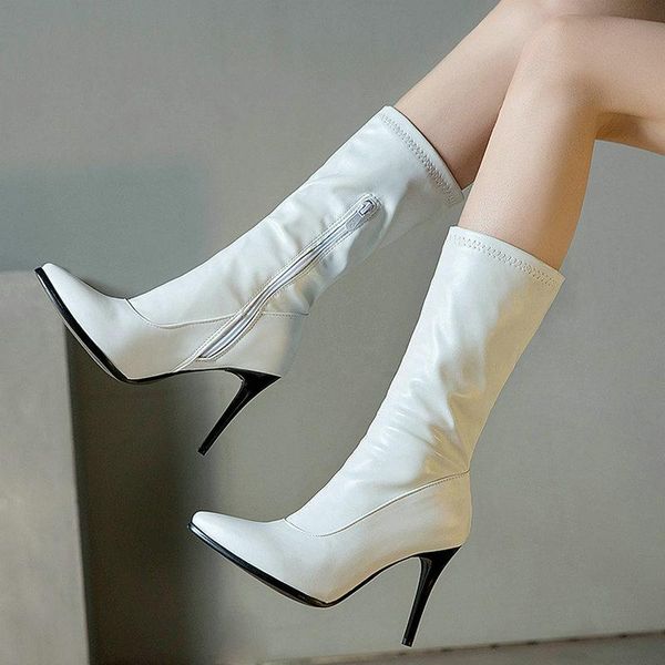 

boots 2021 brand fashion faux leather women calf high side zipper heels ladies leopard print black white short