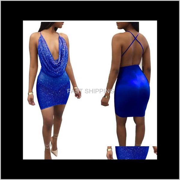 Günlük Elbiseler Giyim Sequins Seksi Kulübü Backless Bakınız Mini Derin V Boyun Halter Spagetti Kayışı Bodycon Elbise Yaz SLE Jears