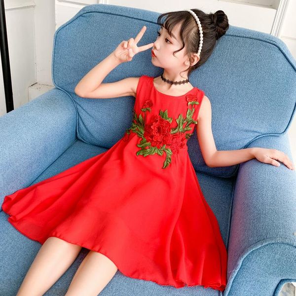 

summer girls flower dress 12 children's clothing 9 embroidery net yarn princess dresses 8 years old party girl's, Red;yellow