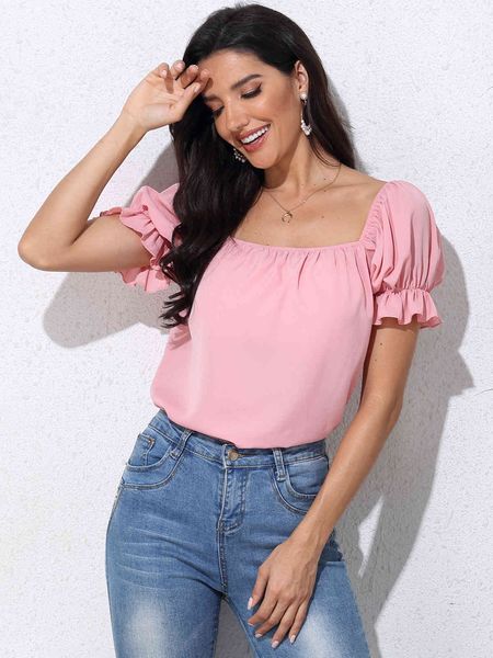 

women's plus size hy353027#2021 foam sleeve square ne short sweet t-shirt