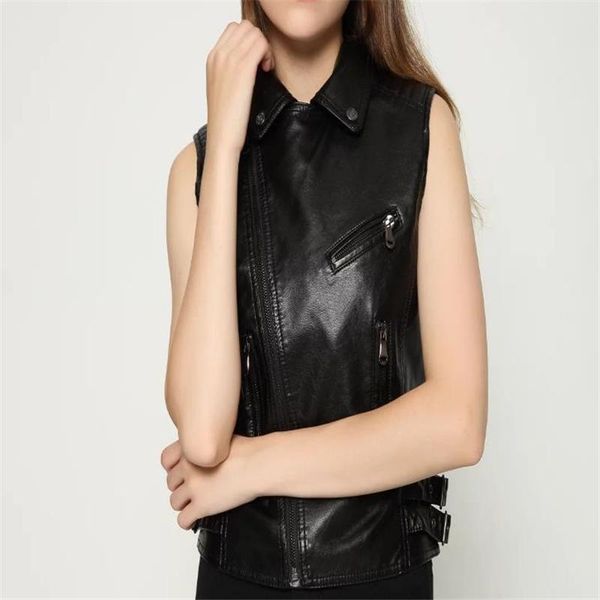 

women's vests spring women leather lady oversized motorcycle zippers embossed pu vest slim rivet waistcoat veste abrigo manteau, Black;white