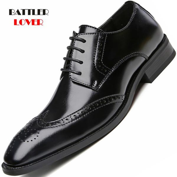 

brogue oxfords handcrafted men's genuine leather formal shoes burgundy stylish dress for male wedding dinner footwear, Black