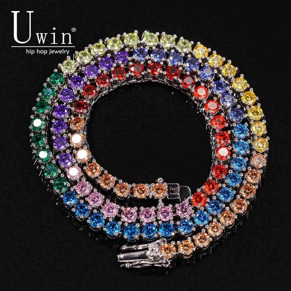 

uwin 4mm multicolor tennis chain ice rhinestone color hip hop necklace fashion men and women jewelry party gift, Silver