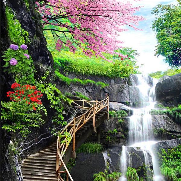 Benutzerdefinierte Wandbild Tapete HD Wasserfall Holz Brücke Natur Landschaft Foto Wandmalereien Wohnzimmer Hotel Eingang Dekor Papel Murals