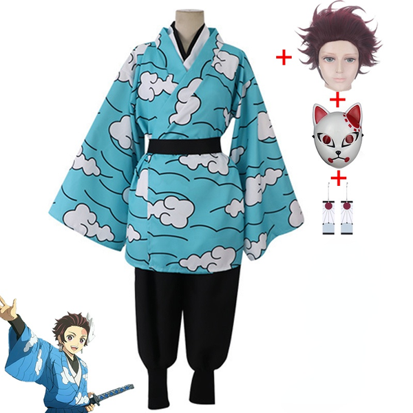 

anime costumes demon slayer kamado tanjirou full cosplay costume include wig mask earring kimetsu no yaiba halloween funny costume, Black