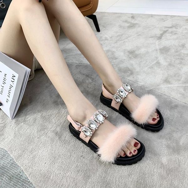 

sandals genuine leather flat women summer style fashion thick-soled casual breathable super fire shoes, Black