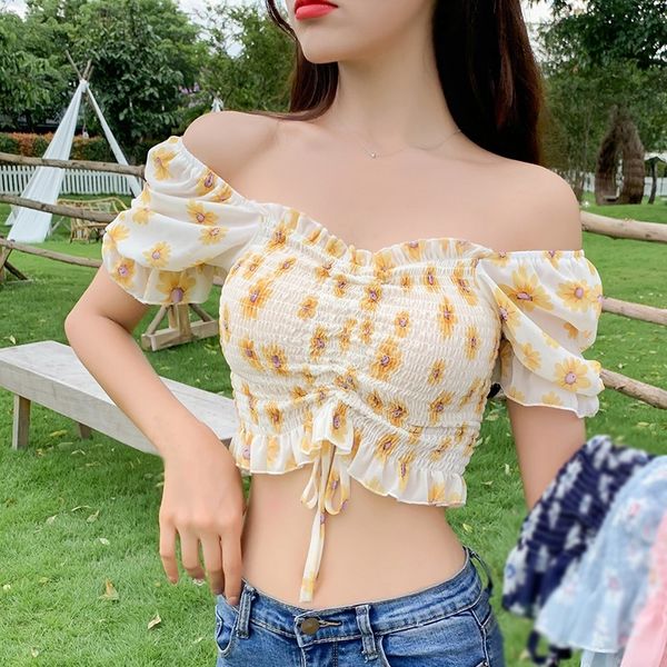 

women's floral print blouses short sleeve summer slash neck sweet pleated shirt 2020 x0521, White