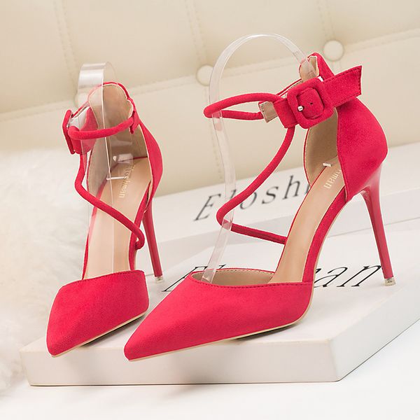 

party summer women's shoes thin super high heel suede pointed one line sandals, Black
