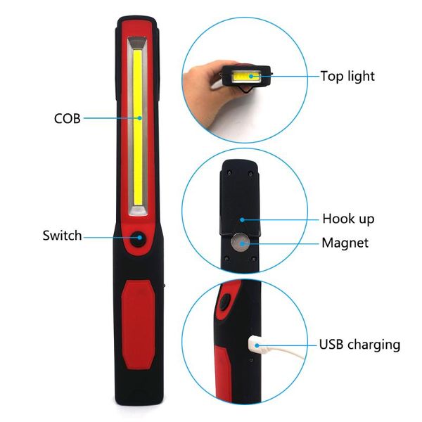 El feneri meşaleler Aukelly Led USB COB Slim Work Işık Şarj Edilebilir Manyetik Asma Hook Taşınabilir Spot Işık Tamir Çubuğu