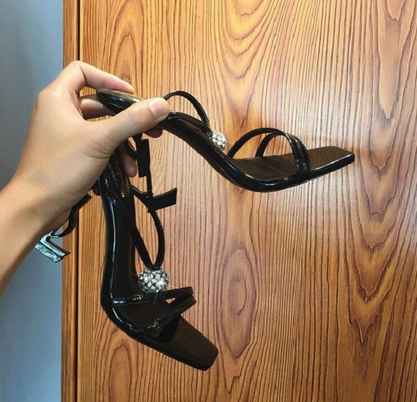 

sandals summer leather letter high heels women's stiletto fashion all-match square toe open sandals te7s, Black