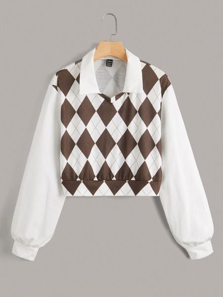 

argyle print bishop sleeve blouse y8yf#, White