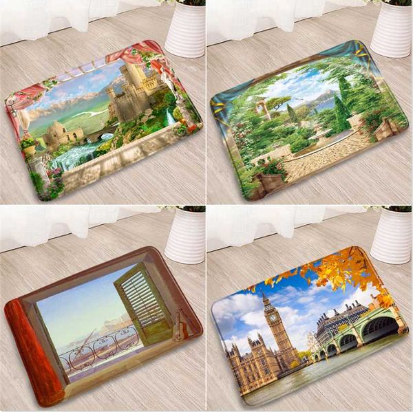 

bath mats 3d window scenery bathroom mat entrance doormat kitchen bedroom flannel absorbent non-slip carpets anteroom welcome rug washable