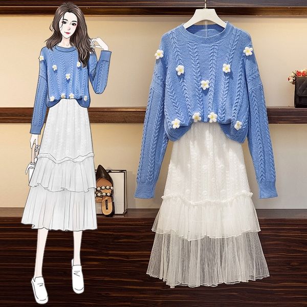 

skirts sweet girls floral two piece clothing sets autumn casual women loose twist knitted sweater and white mesh tulle skirt suit, Black