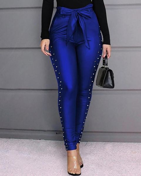 

women's pants & capris women high waist beaded solid color bowknot shiny clubwear trousers, Black;white