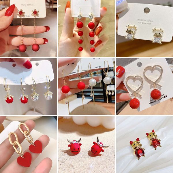 

2021 new celebration frosted red pearl year of the ox lucky earrings, Black