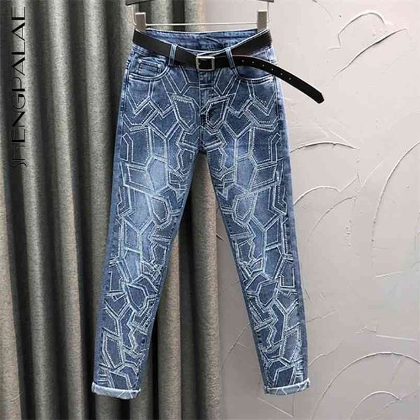

geometric drill embroidery jeans women's spring high waist fashion personality denim pencli pants 5b598 210427, Blue