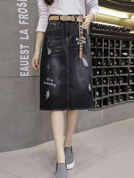 

loose skirt summer hole mid denim skirts womens cotton casual split ladies black jeans saia femme