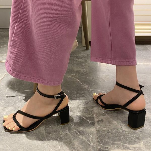 

dress shoes 2021 sandal ladies low heel belt summer square high heels women sandals zapatos de mujer zz105, Black