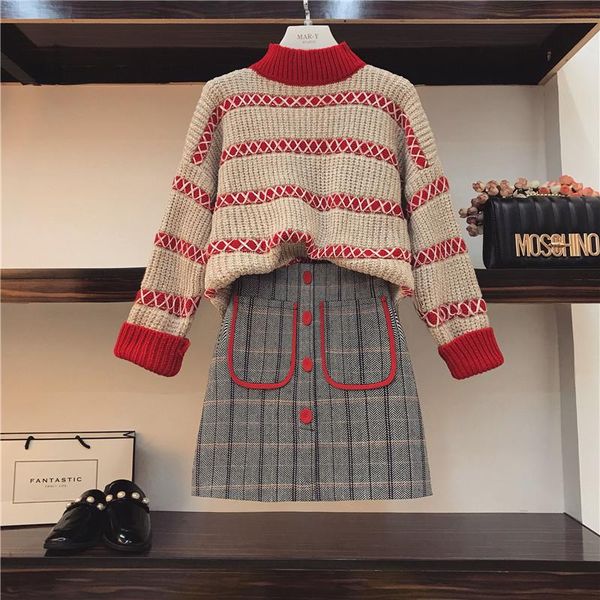 

autumn winter turtleneck thickened sweater suit retro striped plaid skirt sets women's two piece slim skirts girl lady pants, White