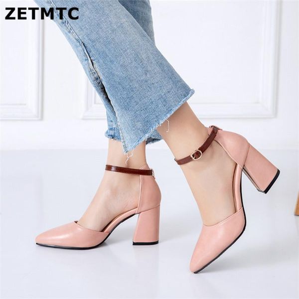 

dress shoes 2021 summer fashion pointed toe hoof high heels women pink brown block heel pumps ankle strap office party woman, Black