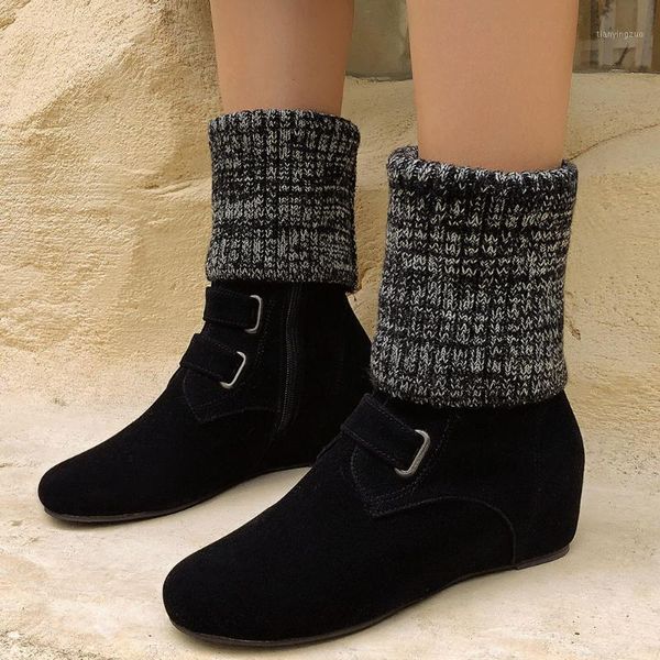 

boots ribetrini women round toe flock buckle wedges winter shoes casual daily office brand1, Black