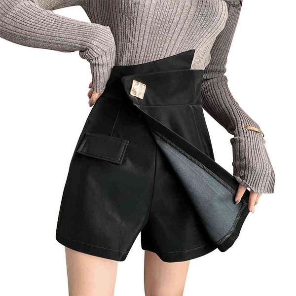 

s-xl skirt plus size high waist irregular wide leg female solid pocket fake black zipper skirts shorts 210304, White;black