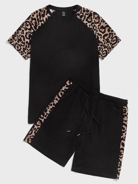 

men leopard print raglan sleeve tee & track shorts set r1i7#, Gray