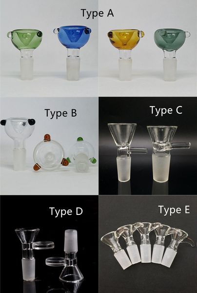 5 tipos de tigela de vidro transparente colorida peça cachimbo de água 14mm macho comum tigelas de fumar filtro de funil adaptador alça slide para equipamentos de água bong dab