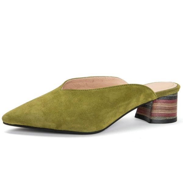 

women slippers mixed colors med heels 2021 summer ladies shoes suede leather night club party dancing prom woman, Black