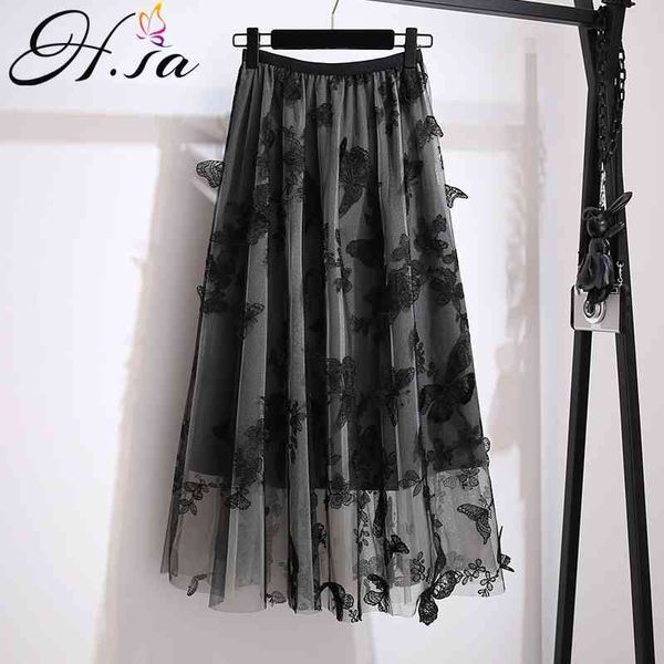 

hsa harajuku women skirts kawaii traf chiffon gauze long faldas butterfly embroidery lining skirt largas 210417, Black