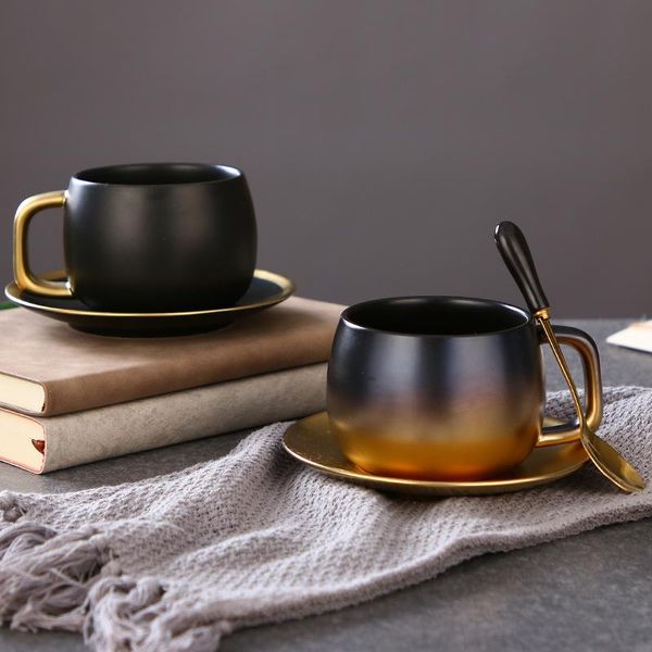 

mugs nordic minimalist ceramic cup creative frosted black gold mark coffee set, tea with saucer and spoon