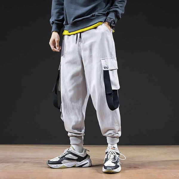 

pant men ribbons streetwear cargo spring autumn hip hop joggers pants overalls black fashions baggy pockets trousers