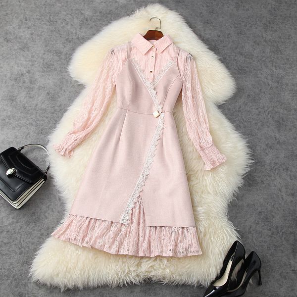 

casual dresses european and american women's clothing new styles for spring long sleeved pink lace dress suede straps two-piece 50sr, Black;gray