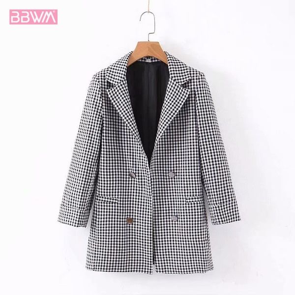 

retro plaid loose casual double-breasted lapel long sleeves female jacket korean version of sweet chic women's coat 210507, Black;brown