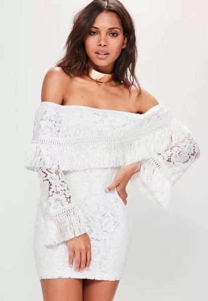 

casual dresses women arrival white black long sleeve slash neck tassel bandage dress evening party bodycon, Black;gray