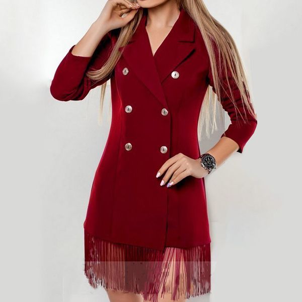 

autumn elegant tassel blazer dresses women solid slim long sleeve double breasted dress female 2020 fashion office lady clothe, Black;gray