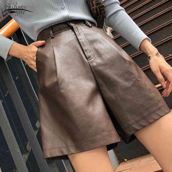 Yüksek Sokak Deri Kısa Pantolon Kadın Bel Geniş bacaklı PU Kadın Sonbahar Kış Pantalon Femme 12976 210521