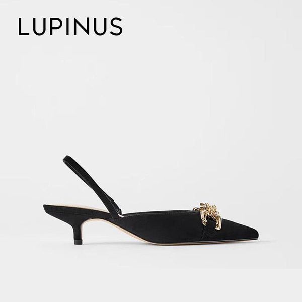 

gold chain women sandals summer back strap black high heel for fashion pointed metal design pumps