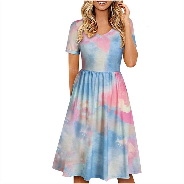

summer short sleeve v neck women dress printing casual bow mid calf daily, Black;gray