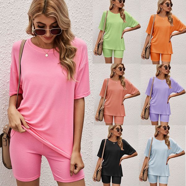

homewear casual solid women's two piece suit solid color home loose sports fashion leisure suit summer two piece set 210514, White
