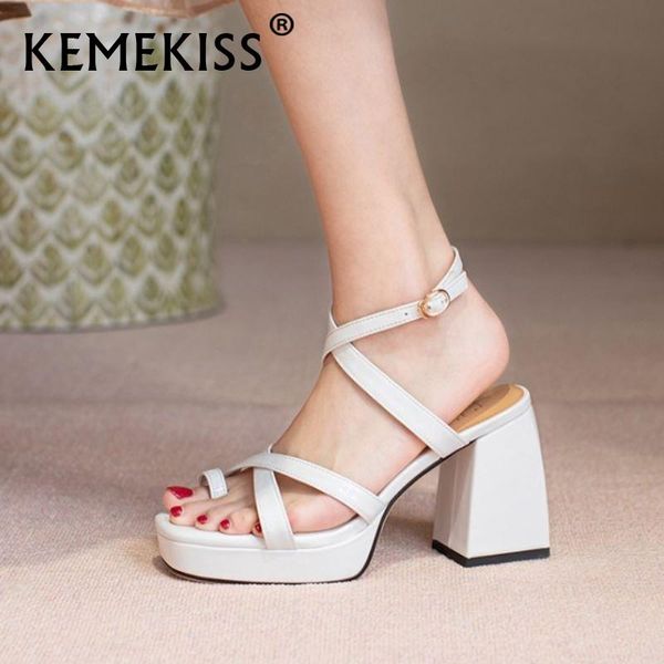 

sandals kemekiss women real leather thick heel platform summer shoes fashion cool party footwear size 34-40, Black