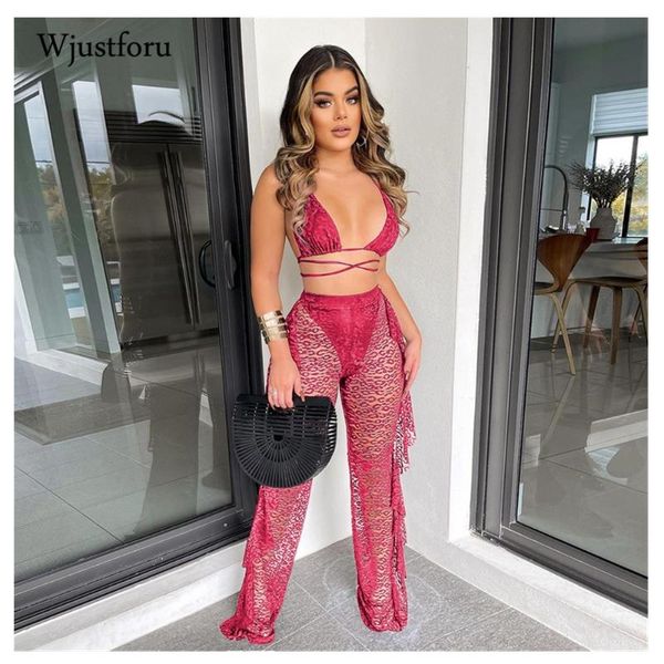 

wjustforu laceÂ two piece set womenÂ ruffle wide leg pants fashion bandage crop 2021 summer outfits for women women's two, White