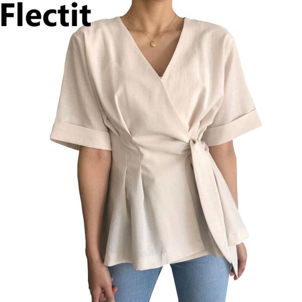 

women's blouses & shirts flectit side tie v-neck short sleeve wrap office lady career wear feminine outfits *, White
