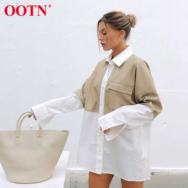 

ootn splicing leather shirt woman long sleeve pocket ladies blouse casual chic elegant female fashion autumn winter 210721, White