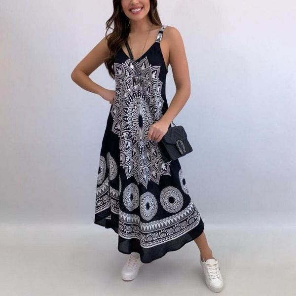 

casual dresses 2021 women's fashion loose ladies totem print v-neck sling one-piece dress beach sleeveless, Black;gray