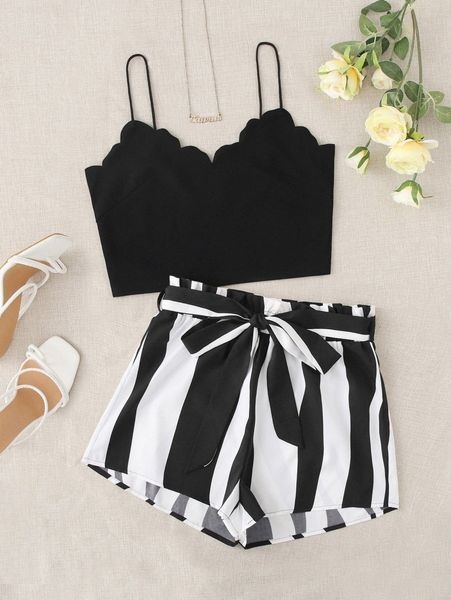 

scallop trim cami & paperbag waist striped shorts set j3c2#, White