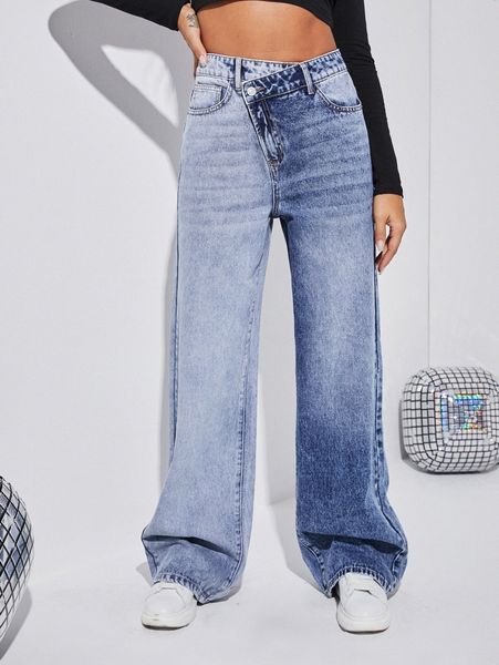 

asymmetric waist wide leg spliced jeans u7r9#, Blue