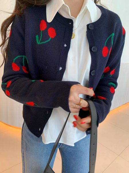 

women's knits & tees women cardigan cute cherry print single breasted knitted sweater sweet cardigans loose outwear  kpop, White