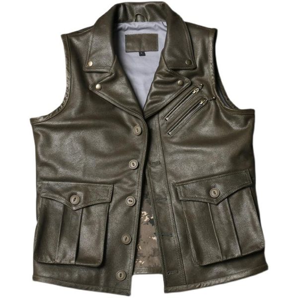

men's vests 2021 retro style green genuine leather vest men single breasted plus size 4xl real natural cowhide summer slim fit biker co, Black;white